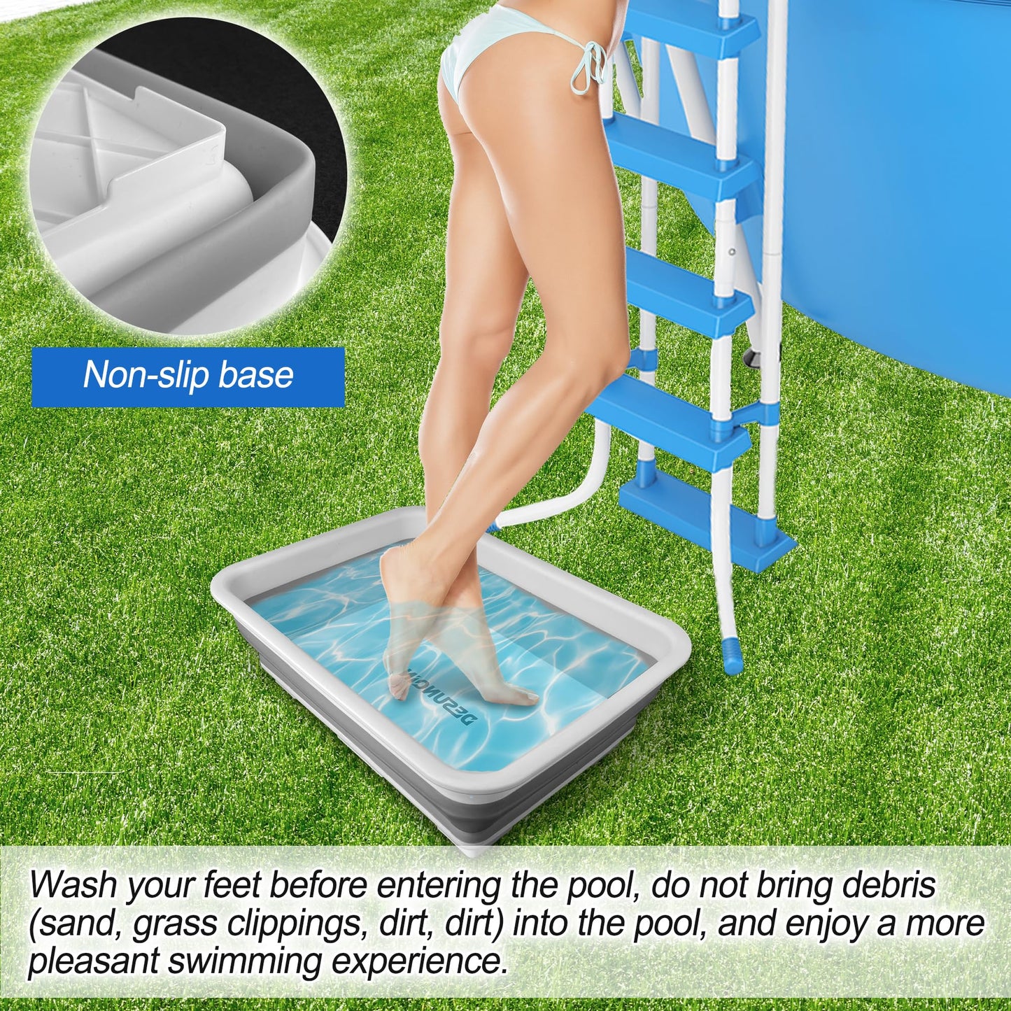 Desunqin 11.8" x 7.87" x 4.5" Pool Foot Bath Tray for Swimming Pool, Non- Slip Collapsible Foot Bath for Pool, Portable Foot Tub for Pool for Above Ground Pool Accessories, Rinse Feet Keep Pool Clean