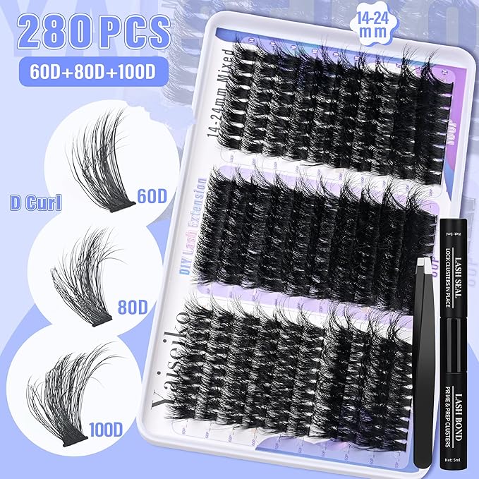 60+80+100D Lash Clusters Kit Eyelash Extension Kit DIY Lash Extension Kit 280 PCS Lashes Clusters Cluster with Lash Bond and Seal Lash Applicator for Lash Extensions by Yaiseiko(14-24MM)