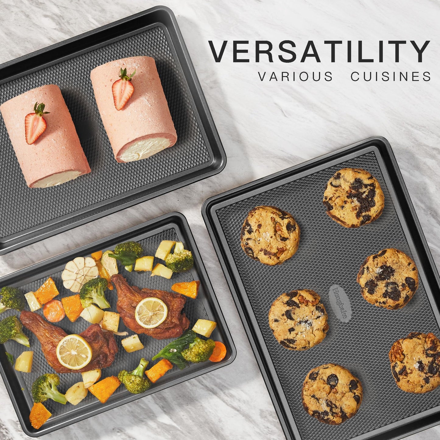 Cookie Sheets for Baking Nonstick - HONGBAKE Baking Sheet Pan Set of 3, Half/Quarter/Jelly Roll Pan for Oven with Diamond Texture Pattern, 57% Thicker Carbon Steel Cookie Trays, Dark Grey