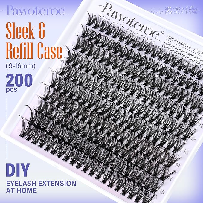 Pawotence Lash Clusters 200pcs Individual Lashes 40D Cluster Eyelash Extensions 9-16mm Eyelash Clusters Lash Extensions for Self Application (40D, 0.07D, 9-16mm)