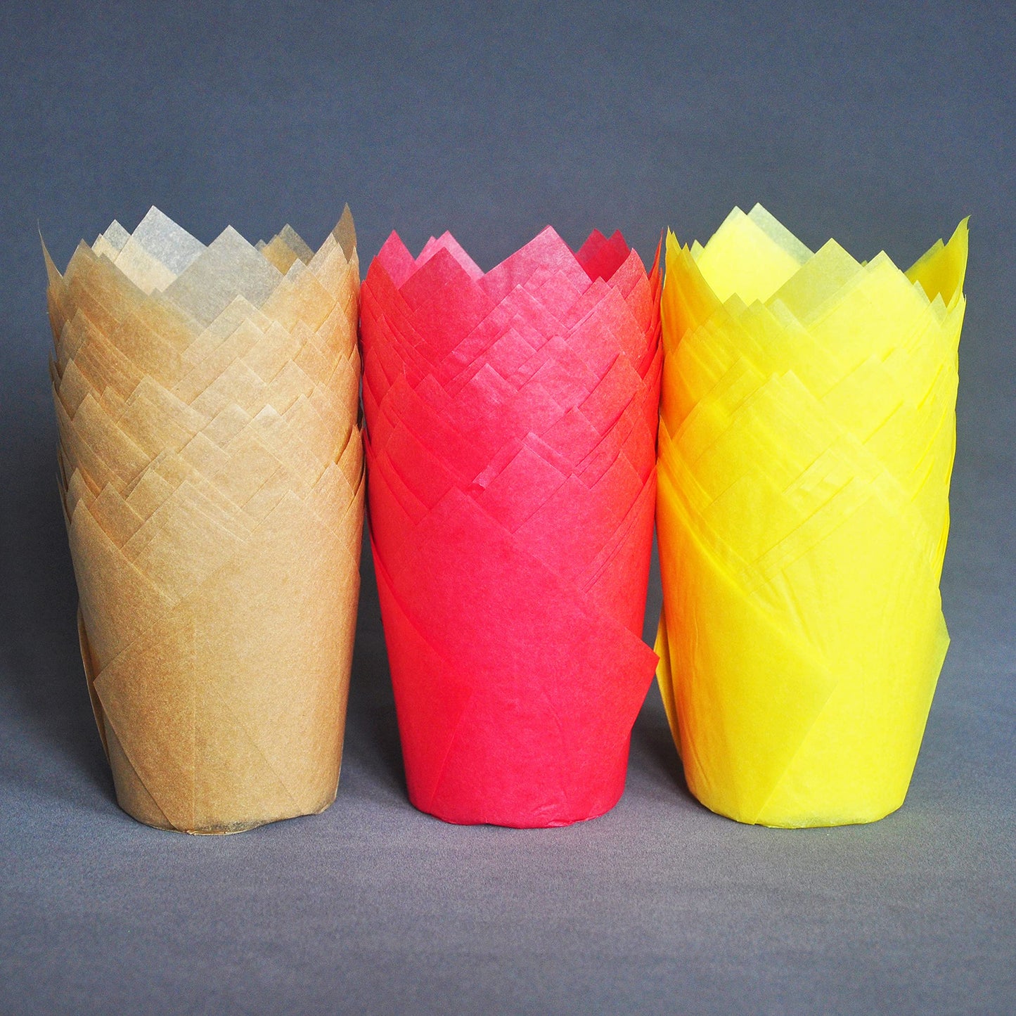QLSmypkg Large Greaseproof paper Wrappers Muffin Baking cupcake cups liners, 2-1/4" x 4" Natural,Red,Yellow 3 colours in a box Tulip Baking Cups Holders 125 pcs (Large) (125, Multi Red,Yellow,Natural)