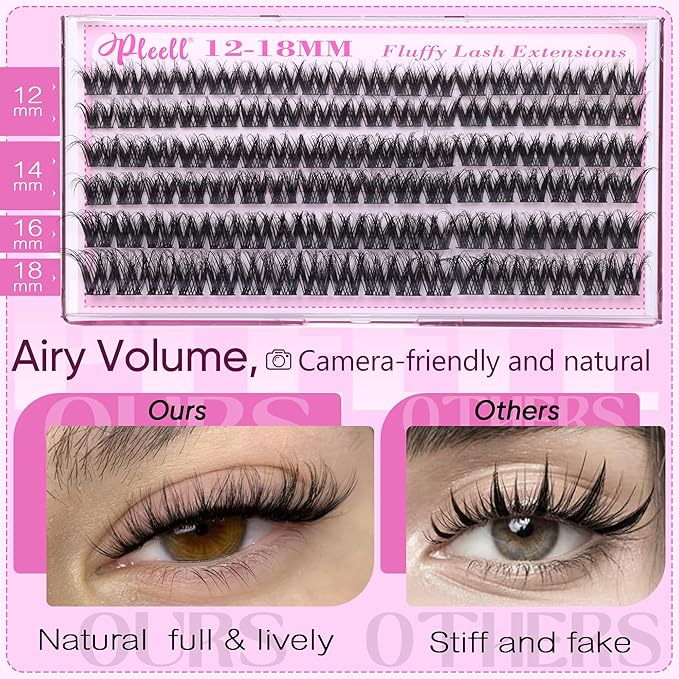 Fluffy Lash Clusters Wispy Eyelash Clusters 10-18MM D-Curl Cluster Eyelash Extensions Natural Lashes Clusters Fluant Cluster Lashes with Soft Thin Band by Pleell