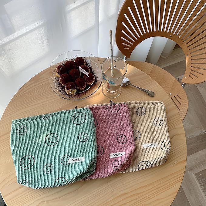 Cosmetic Bags for Women - Corduroy Cosmetic Bag Aesthetic Women Handbags Purses Smile Dots Makeup Organizer Storage Makeup Bag Girls Case Bags (A-Green)