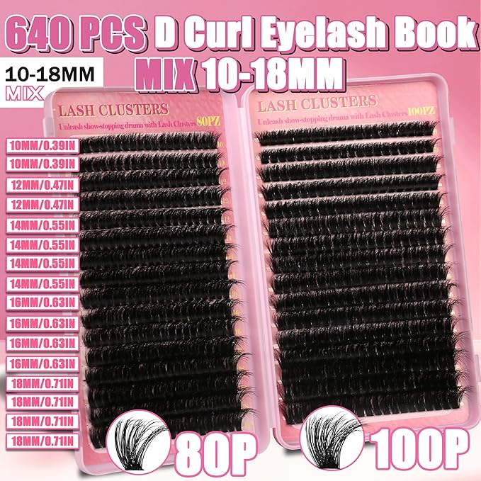 Lash Clusters 80D 100D C Curl Lash Clusters Kit DIY Lash Extension Kit 640Pcs 10-18MM Individual Lashes Clusters Eyelash Extensions with Lash Bond and Seal Lash Tweezers