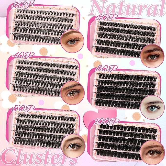 Lash Clusters Fluffy DIY Lash Clusters Kit Volume Lash Extension Kit 570Pcs Individual Lashes Clusters Thin Band Eyelash Extension Kit Lash Bond and Seal Lash Tweezers