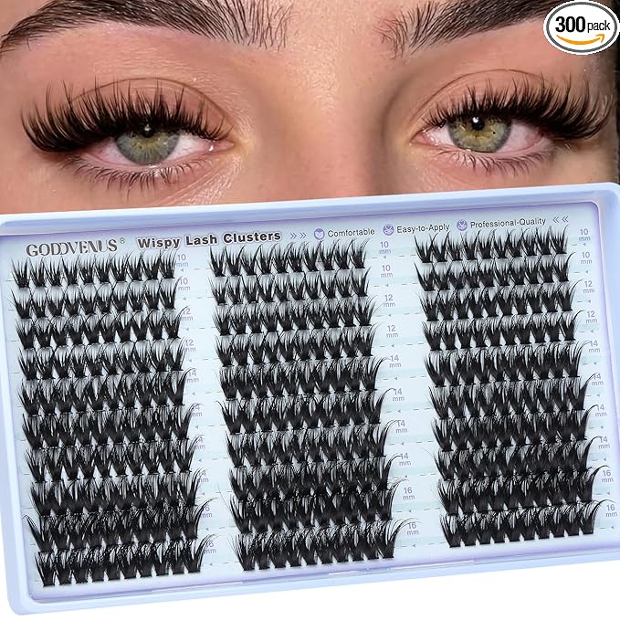 Goddvenus Wispy Lash Clusters Natural DIY Fairy Wet Eyelash Clusters 300 Pcs Cluster Eyelash Extensions Reusable Waterproof Individual Lash (10-16mm CC Curve)