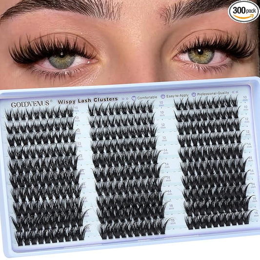 Goddvenus Wispy Lash Clusters Natural DIY Fairy Wet Eyelash Clusters 300 Pcs Cluster Eyelash Extensions Reusable Waterproof Individual Lash (10-16mm CC Curve)