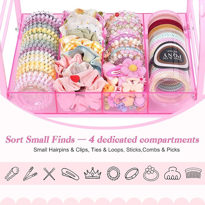 Keebofly Acrylic Hair Accessories Organizer, Versatile Headband Holder Stand for Scrunchies, Bows, Claw Clips, Hair Tie, Compact Hair Organizer Storage Container for Girls, Women, Babies, Soft Pink