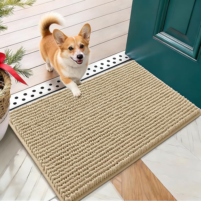 OLANLY Dog Door Mat for Muddy Paws 24x16, Ultra Absorbent Chenille Mud Doormat, Non-Slip Washable and Dirt Trapping Doormat for Indoor Entryway, Quick-Dry Indoor Pet Bed Mats for Dogs, Beige
