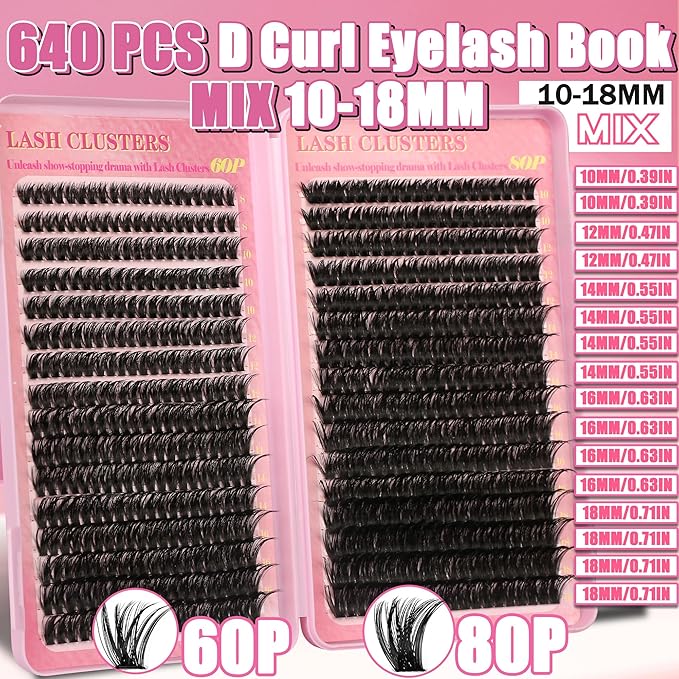 Lash Extension Kit Lash Clusters Kit 640Pcs Volume Eyelash Clusters C Curl Lashes Clusters DIY Cluster Eyelash Extensions With Lash Bond and Seal Lash Tweezers