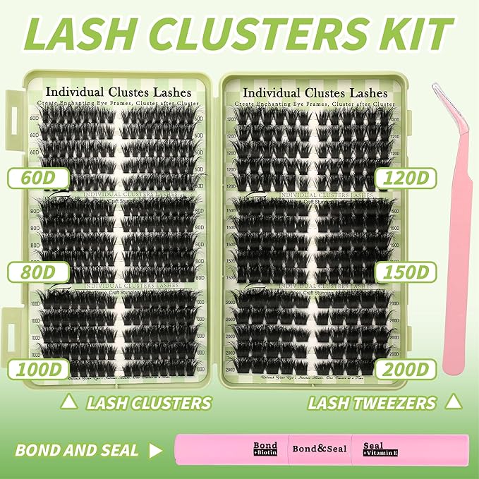 Lash Clusters 80D 100D 150D 200D C D Curl Lash Clusters Kit 430Pcs DIY Cluster Eyelash Extensions Eyelash Clusters Cat Eye Lashes Clusters Eyelash Extensions Lash Glue Lash Tweezers