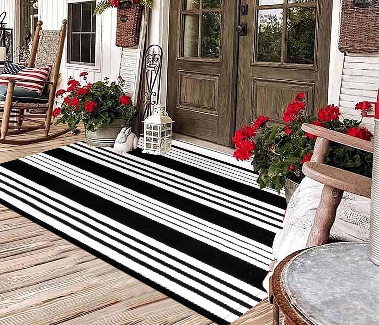 BUAGETUP Black and White Outdoor Rug 3'x 5' Cotton Woven Washable Rug Striped Front Porch Rug Area Rug Floor Mat for Farmhouse/Layered Door Mats/Living Room