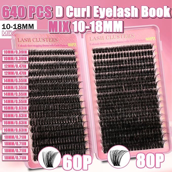 Volume Lash Extension Kit Thick Cluster Eyelash Extensions 10-18MM Lash Clusters 640Pcs Individual Lash Extensions DIY Lashes Clusters with Lash Bond and Seal Lash Tweezers