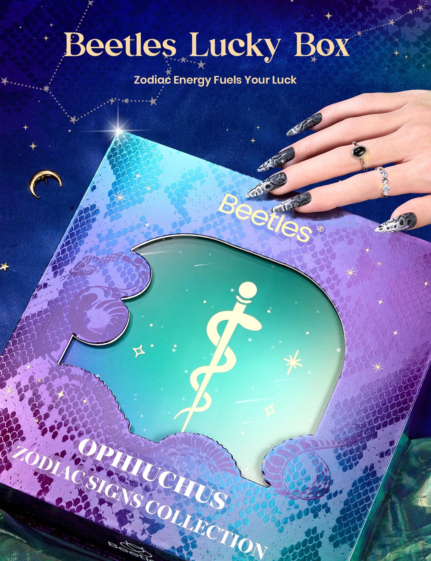 Beetles The Ophiuchus Sign Lucky Box, Ophiuchus Zodiac Gel Nail Polish Kit Nail Art Set Purple Green Gold Cat Eye Black White Gel Pink Jelly Base Top Coat Salon DIY Zodiac Gift for Women