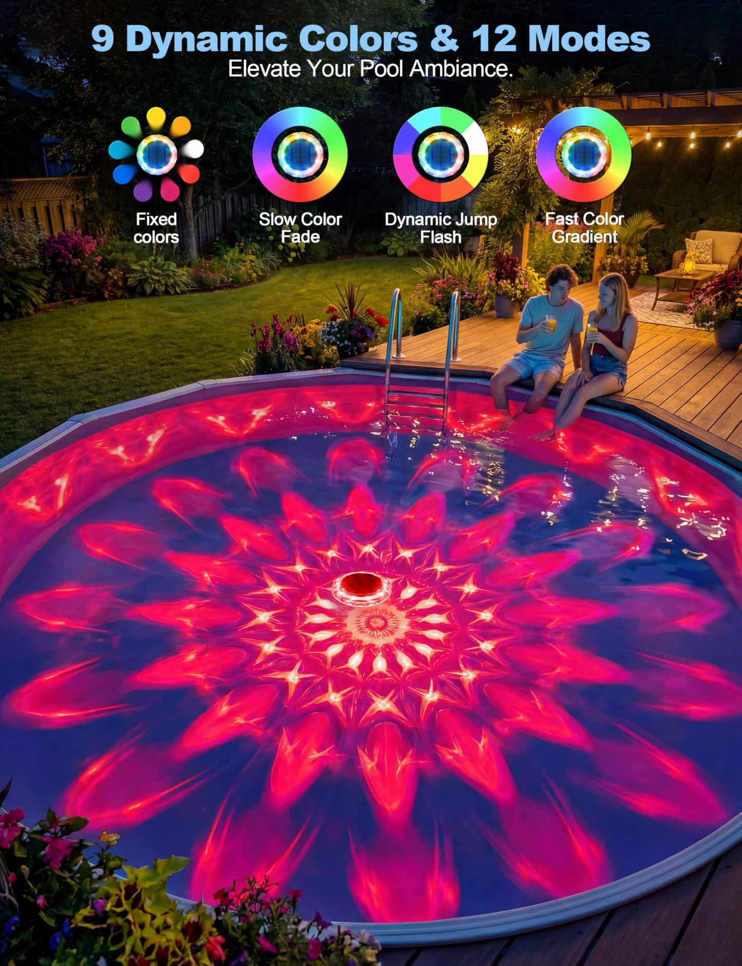 APONUO Solar Pool Lights, IP68 Waterproof Floating Pool Lights with Remote& Button Control, 9 Lighting Colors& 3 Modes Pool Solar Light, Timer&Memory, Floating Light for Pool, Party, Bathtub (2 Pack)