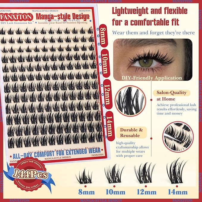 Fairy Lash Clusters with Spikes Eyelash Extensions Wispy Manga Lashes Individual Lashes Extension 8-14mm DIY Soft Eyelash Clusters 144Pcs Lash Clusters Kit DIY at Home by FANXITON