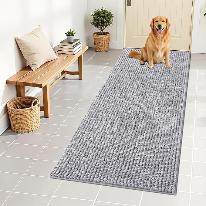 OLANLY Dog Door Mat for Muddy Paws 59x24, Ultra Absorbent Chenille Mud Doormat, Non-Slip Washable and Dirt Trapping Doormat for Indoor Entryway, Quick-Dry Indoor Pet Bed Mats for Dogs, Light Grey