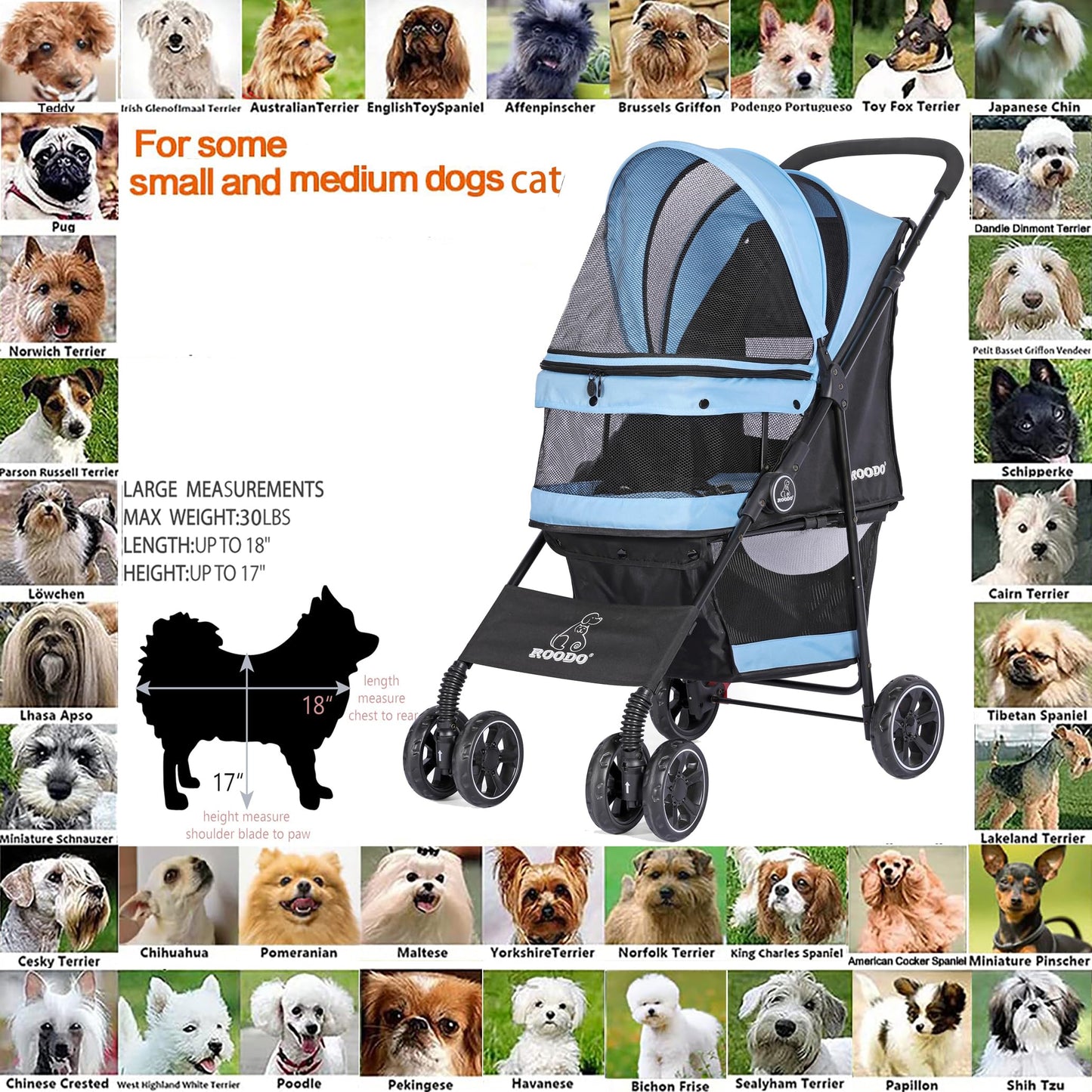 ROODO 4 Wheel Dog Cat Pet Stroller Best Lightweight Foldable Compact Portable Jogger All Terrain Travel Pet Gear Puppy Doggie Bunny Kitty Stroller for up to 30lbs Medium Small Dogs Cats(Sky Blue)