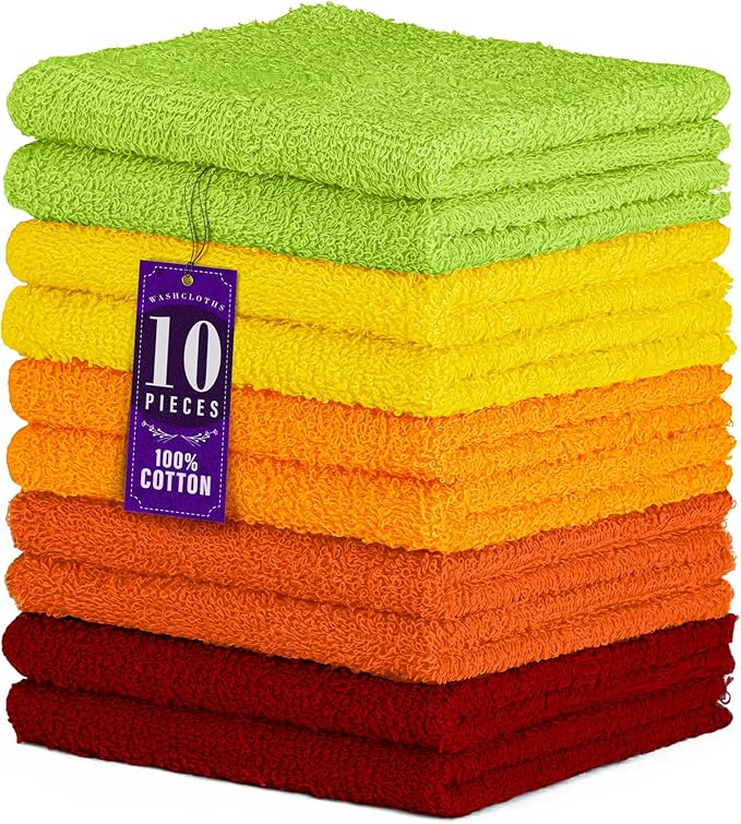DecorRack 10 Pack 100% Cotton Wash Cloth, Luxurious Soft, 12 x 12 inch Ultra Absorbent, Machine Washable Washcloths, Assorted Set 2 (10 Pack)