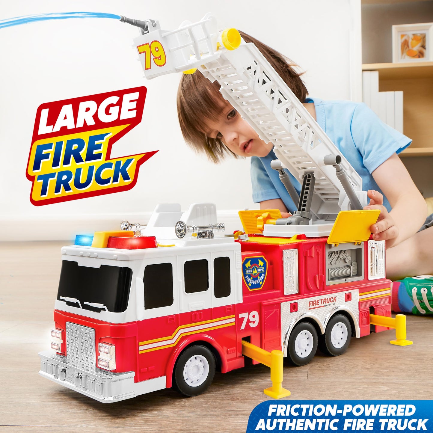 JOYIN Extra Large Toddler Fire Truck Toys for Boys with 33-inch Ladder, Lights & Sprinkler Pump, Big Emergency Vehicle, Kids Toys for Age 3, 4, 5, 6, 7, Christmas Birthday Gift for Grandkids