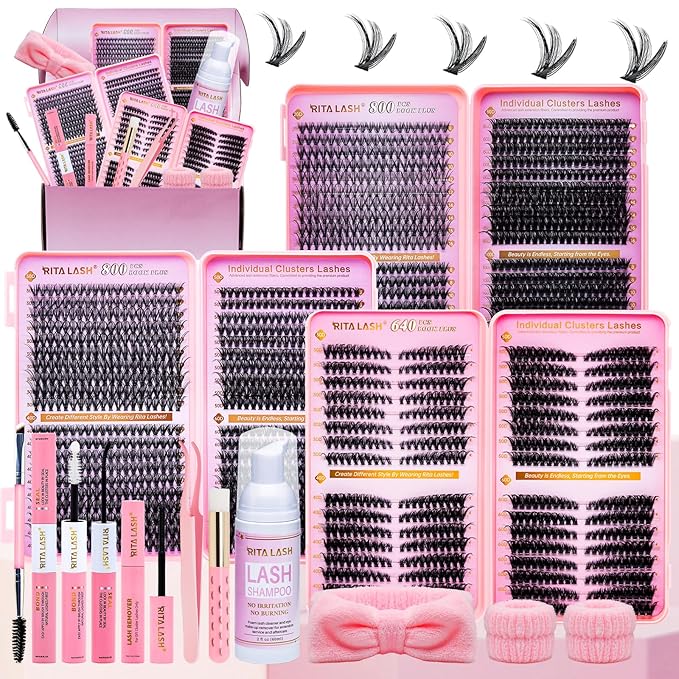 Lash Clusters Kit Eyelash Clusters Kit Cat Eye Lashes Large Pack Cluster Eyelash Extensions Lash Extension Kit PestaÃÂ±as Postizas Naturales with Lash Bond&Seal,Remover,Tweezers,Cleanser(Lash Kit-5)
