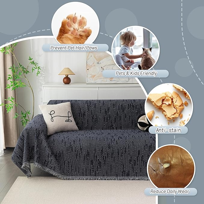 MYSKY HOME Boho Couch Cover Navy Sofa Covers with Tassel Farmhouse Sofa Slipcover Simple Couch Protector for Dogs Chenille Sectional Couch Covers L Shaped Couch Cushion Covers, 71"x 134"