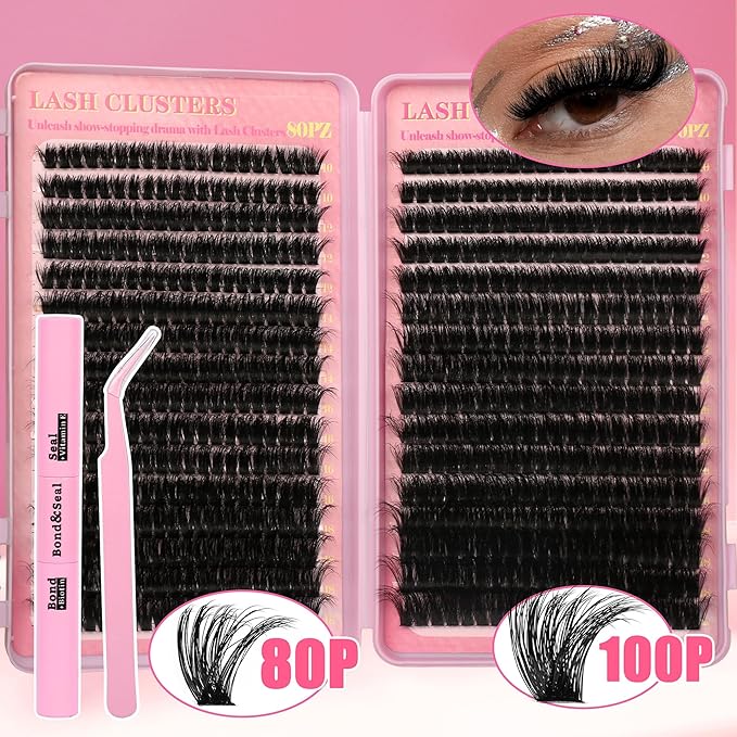 Lash Clusters 80D 100D C Curl Lash Clusters Kit DIY Lash Extension Kit 640Pcs 10-18MM Individual Lashes Clusters Eyelash Extensions with Lash Bond and Seal Lash Tweezers