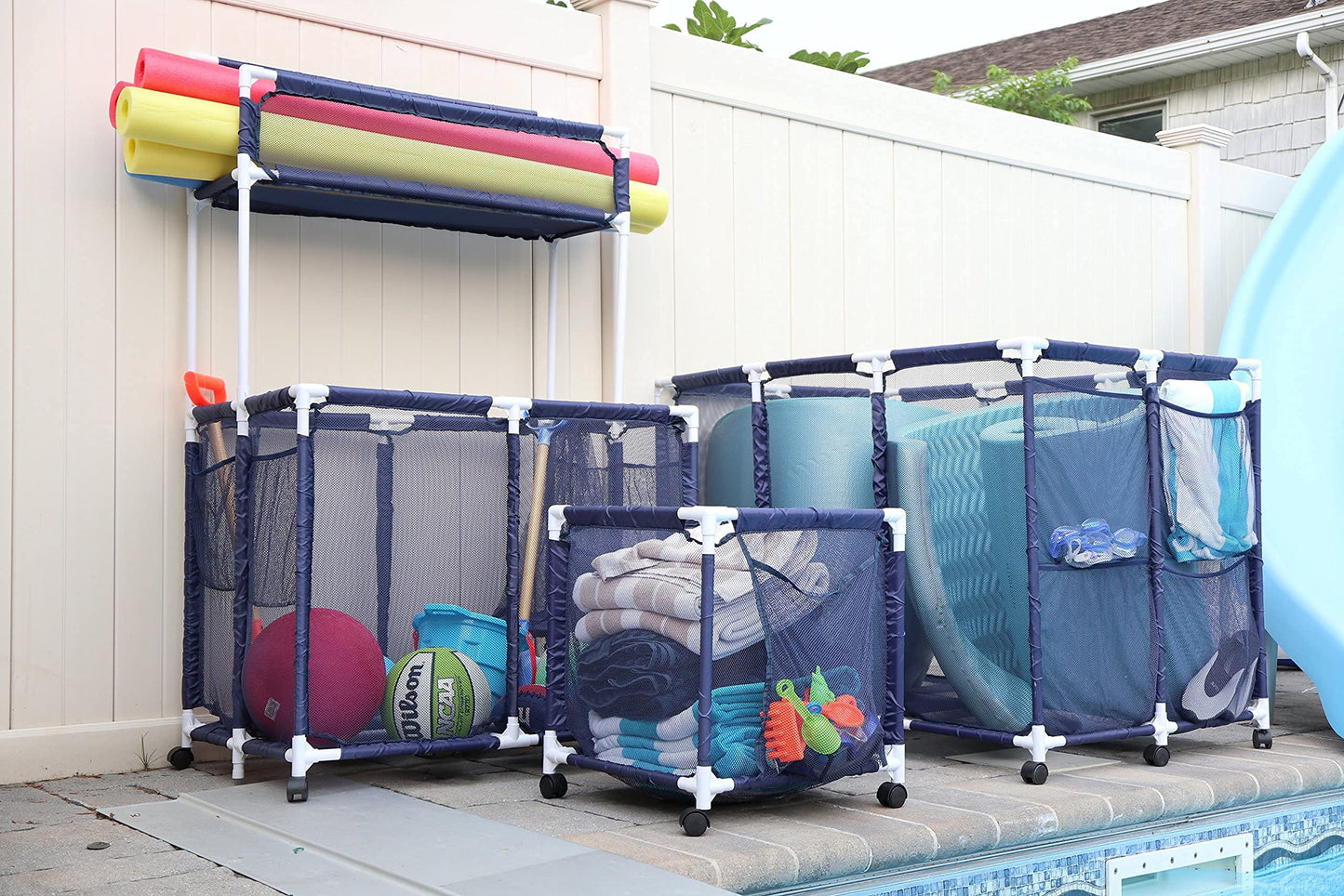 Essentially Yours Rolling Pool Storage Small Organizer Bin, (18" W x 18" L x 20" H), Blue / White Style 417244