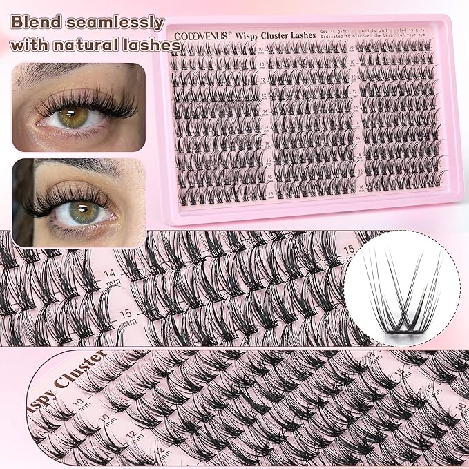 Goddvenus Lash Clusters Kit Wispy Eyelash Clusters Lashes Natural DIY Lash Extension Kit 10-16mm Cluster Eyelash Extensions Kit 300pcs C Curl Individual Lashes Cluster Eyelash (With Tweezers)