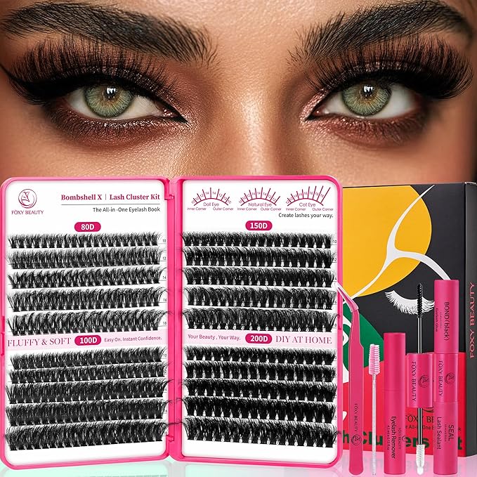 Bombshell Lash Clusters Kit Fluffy Lash Clusters Thick Eyelashes 80D-200D Eyelash Clusters Kit 400Pcs Eyelash Extension Kit DIY Lashes with Bond and Seal 10-18mm False Eyelashes