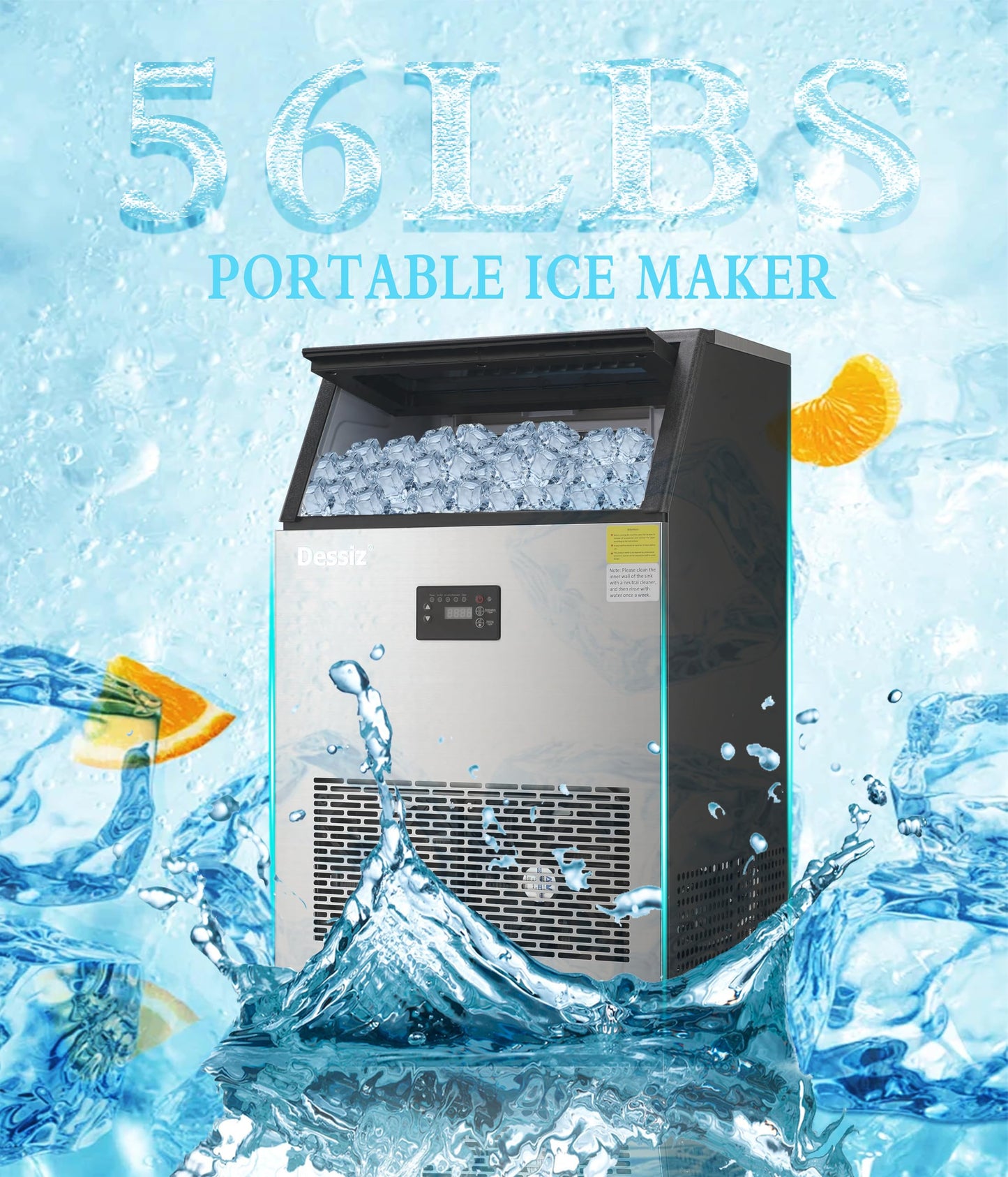 Dessiz Commercial Ice Maker, 130Lbs/24H 40Lbs Storage, 55Pcs Clear Ice in 8-15Mins, Under Counter Stainless Steel Ice Machine with Self-Cleaning & Blue Light, Quiet for Home Bar Restaurant Party