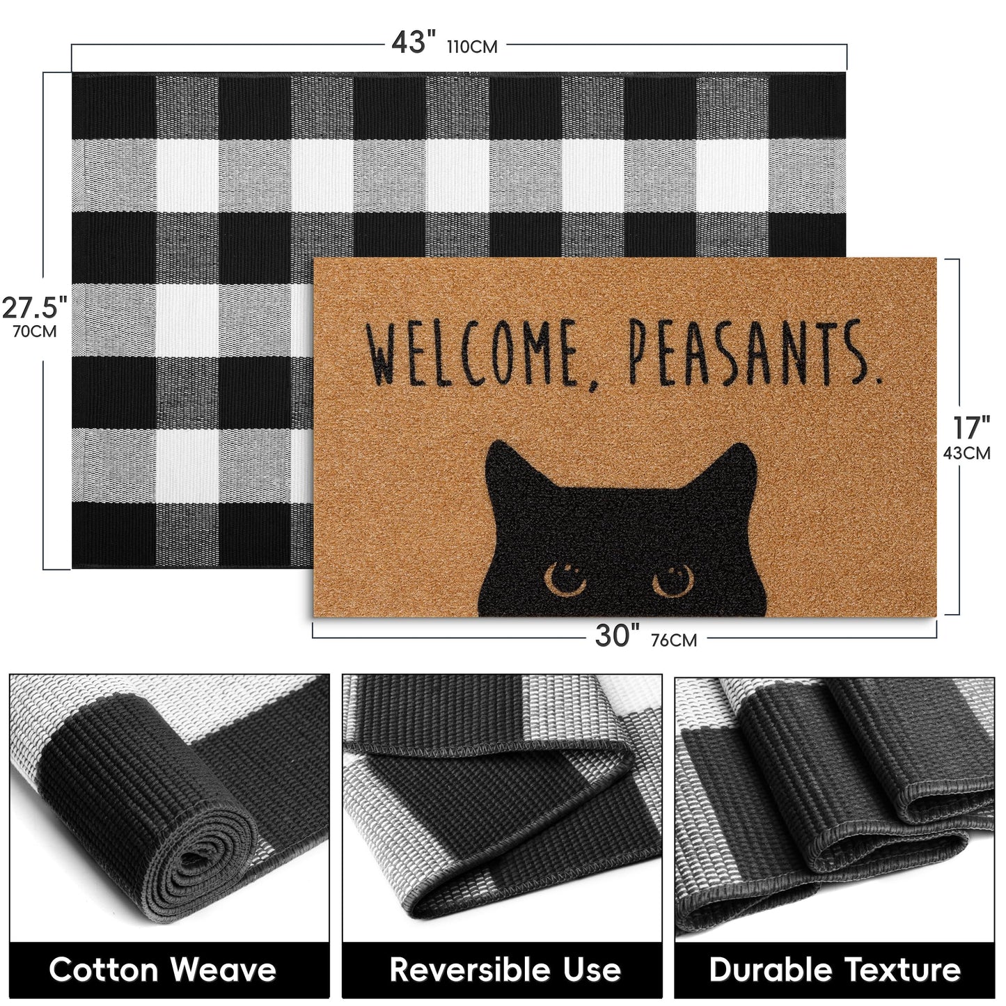 2 Pcs Welcome Peasants Black Cat Door Mat Set, Layered Artificial Coir Doormat with Black White Buffalo Plaid Mat, Non-Slip Cute Funny Front Door Mats for Cats Lovers Owners Porch, Entryway Decor