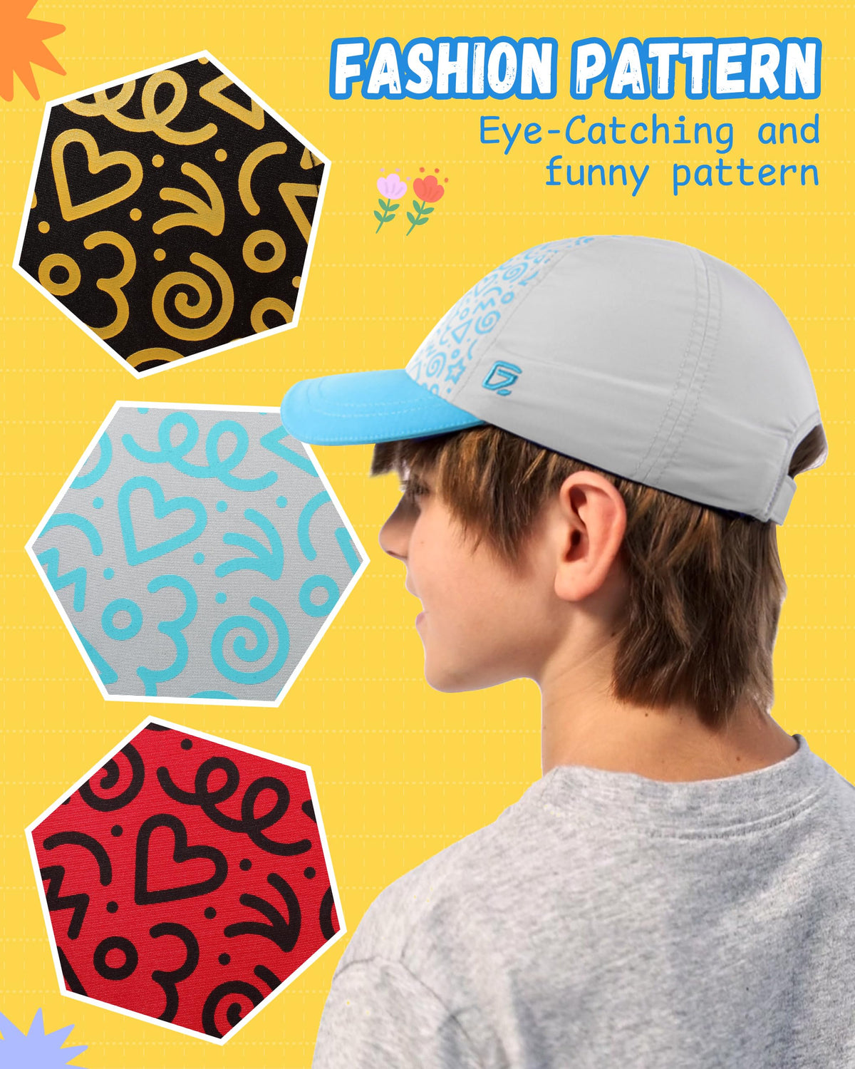 GADIEMKENSD Toddler Baseball Hat with Kaleidoscope Pattern, UV Protection Baby Sun Cap for Kids, Breathable Toddler Baseball Caps for Boys Girls Summer Beach School Yellow Black 4-9Y