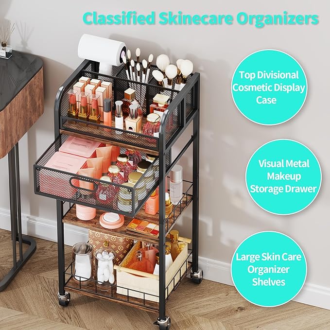 HapiRm Makeup Organizer Storage Cart - 4 Tier Skincare Make Up Storage with Drawer, Rolling Makeup Cart Vanity Organizer Cosmetics Display Cases Holder for Skin Care Perfume Nail Polish Brush