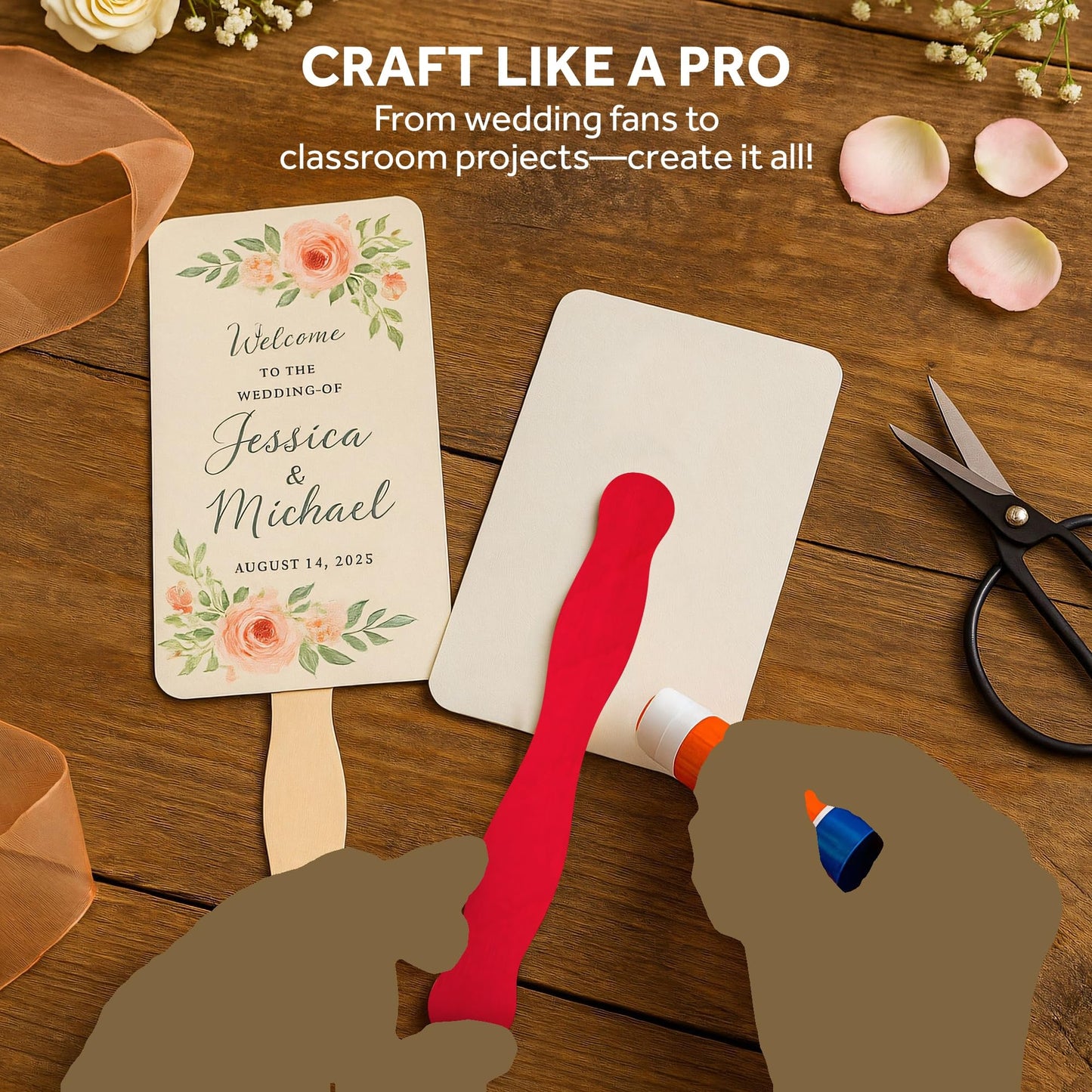 Wooden Black 8" Fan Handles, Wedding Programs, Pack 75, Jumbo Craft Popsicle Sticks for Auction Bid Paddles, Wooden Wavy Flat Stems for DIY Crafting Supplies Kit, by Woodpeckers