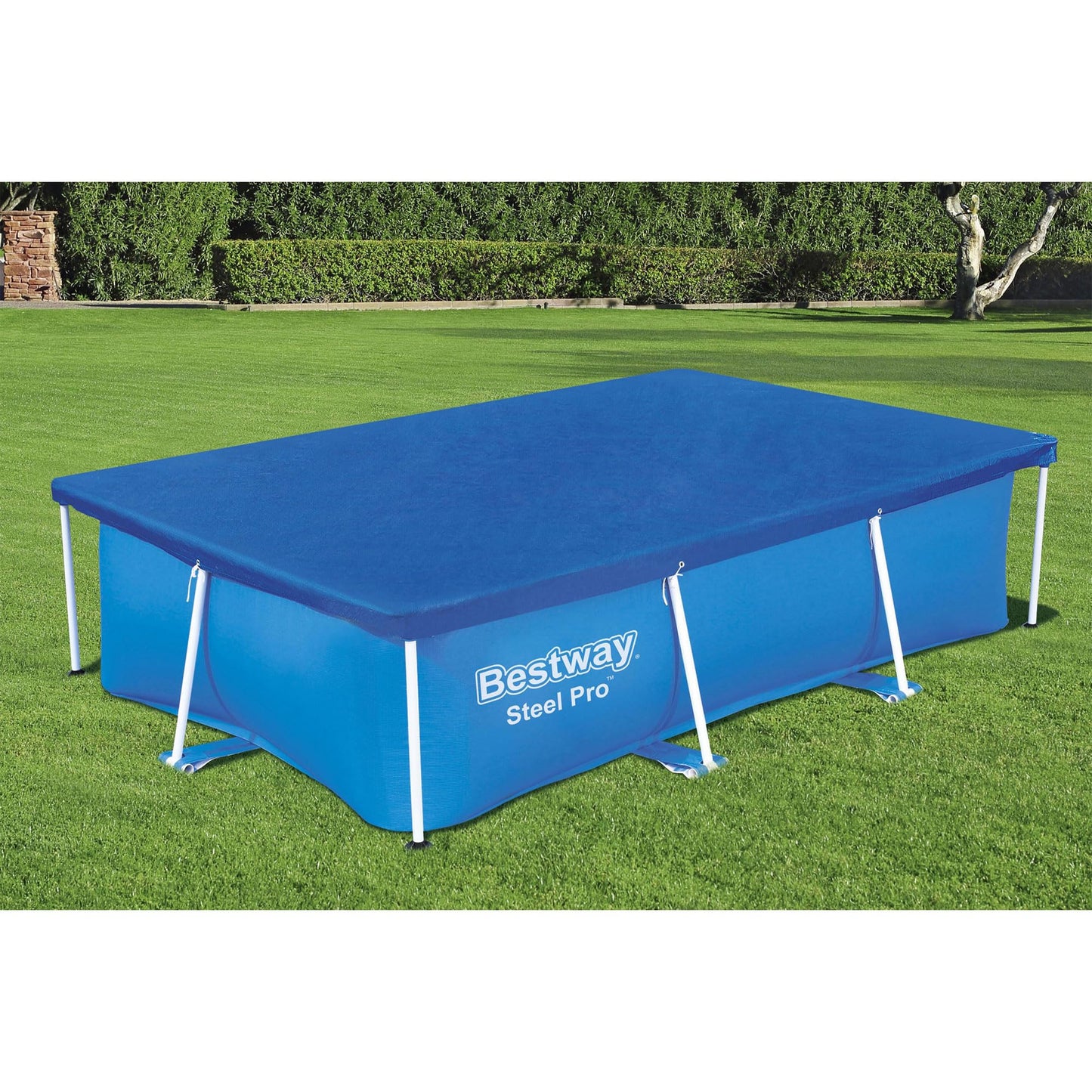 Bestway Flowclear Rectangular 9'10" x 6'7" Above Ground Pool Cover Compatible with Steel Pro Outdoor Swimming Pools with Drain Holes, Blue