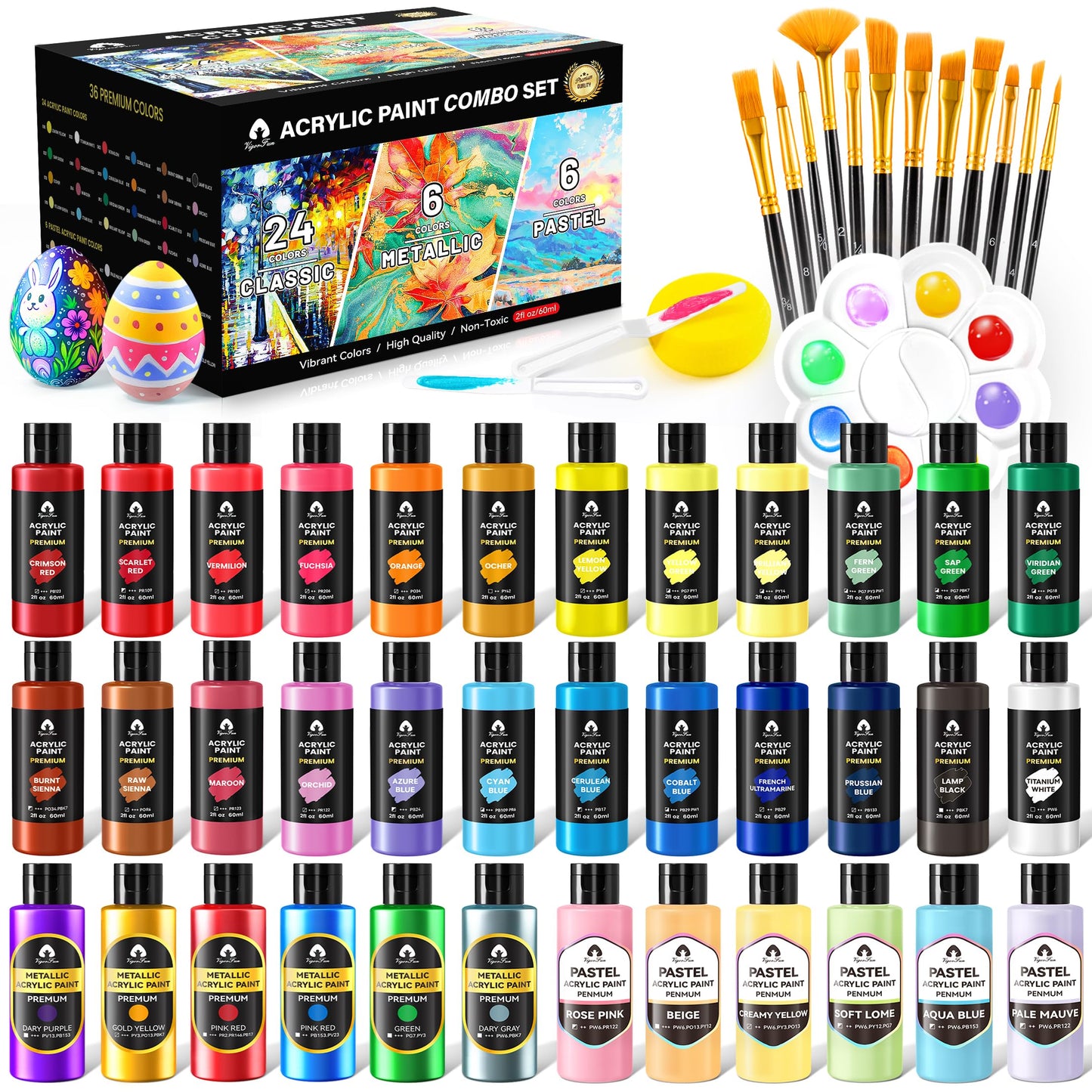 52 Pcs Classic & Metallic & Pastel Acrylic Paint Set with 12 Brushes, 2 Knives & Palette, 36 Colors (2oz/60ml) - for Adults, Kids, Artists & Beginners - Arts and Crafts Painting Kit
