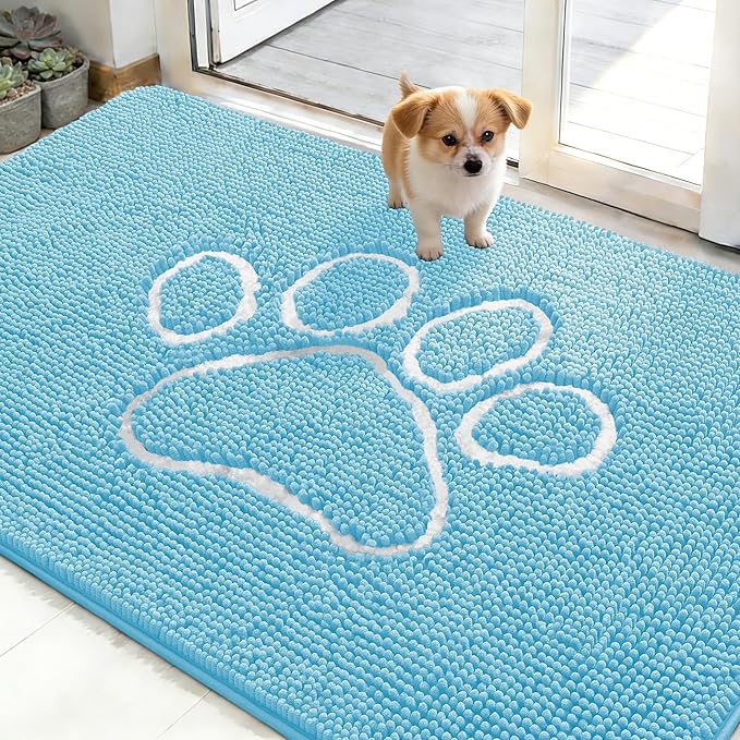 OLANLY Dog Door Mat for Muddy Paws 48x30, Paw Print Design, Absorbs Moisture and Dirt, Absorbent Non-Slip Washable Doormat, Quick Dry Chenille Mud Mat for Dogs, Entry Indoor Entryway Carpet, Blue