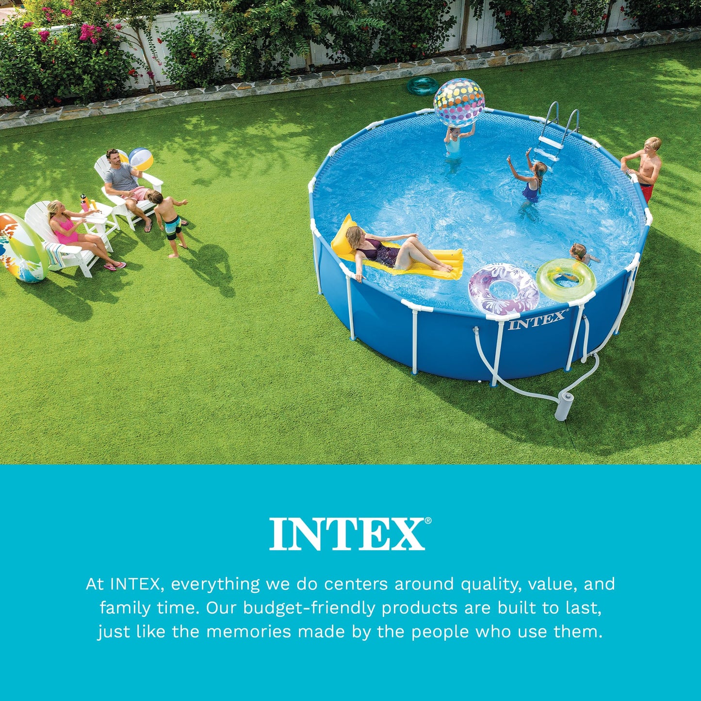 INTEX 28031E Pool Cover: For 12ft Round Metal Frame Pools – Includes Rope Tie – Drain Holes – 10in Overhang – Snug Fit