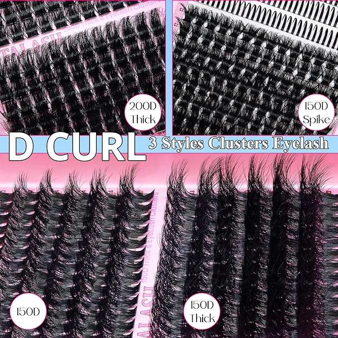 Lash Clusters Kit 3D Effect Volume Lashes Clusters Kit Wispy Cluster Eyelash Extensions D Curl Eyelash Clusters Kit PestaÃÂ±as Postizas Naturales+Bond&Seal,Remover,Tweezers,Brush(150D+200D+Spike Kit)