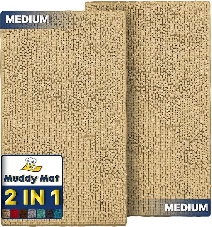 Muddy Mat® 2-Piece Beige Medium 30"X19" AS-SEEN-ON-TV Highly Absorbent Microfiber Door Mat, Bath Mat and Pet Rug, Non slip Thick Washable, Soft Chenille for Kitchen Bathroom Bedroom Indoor and Outdoor
