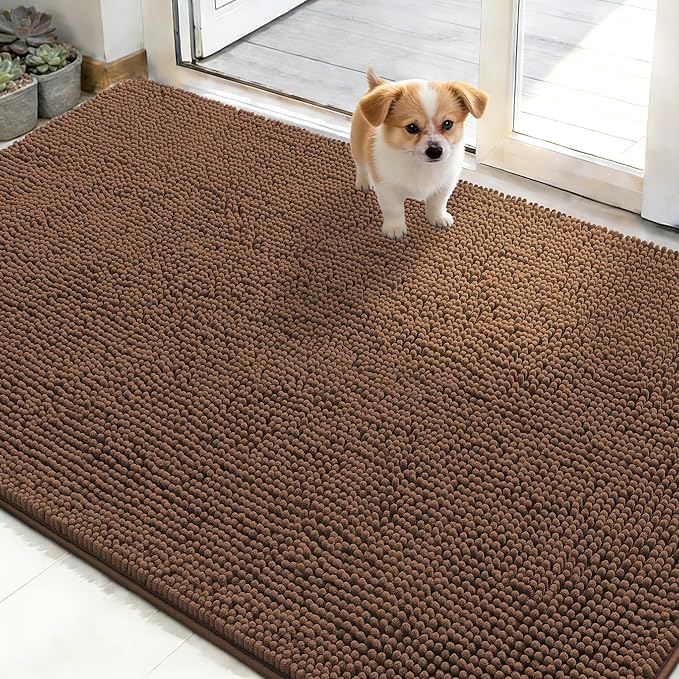 OLANLY Dog Door Mat for Muddy Paws 48x30, Absorbs Moisture and Dirt, Absorbent Non-Slip Washable Doormat, Quick Dry Chenille Mud Mat for Dogs, Entry Indoor Entryway Carpet for Inside Floor, Mocha