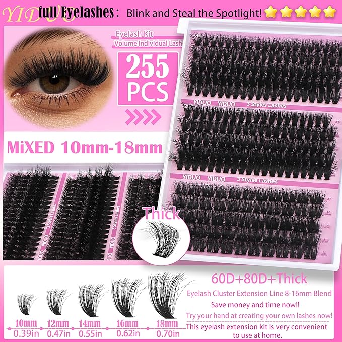 YlDUO Lashes Clusters Kit 7 style Mix Clusters Eyelashes Extensions 835Pcs Volume Lashes Clusters Kit 9-18mm Wispy DIY Individual Fake Eyelash Extensions Kit DIY at Home Easily