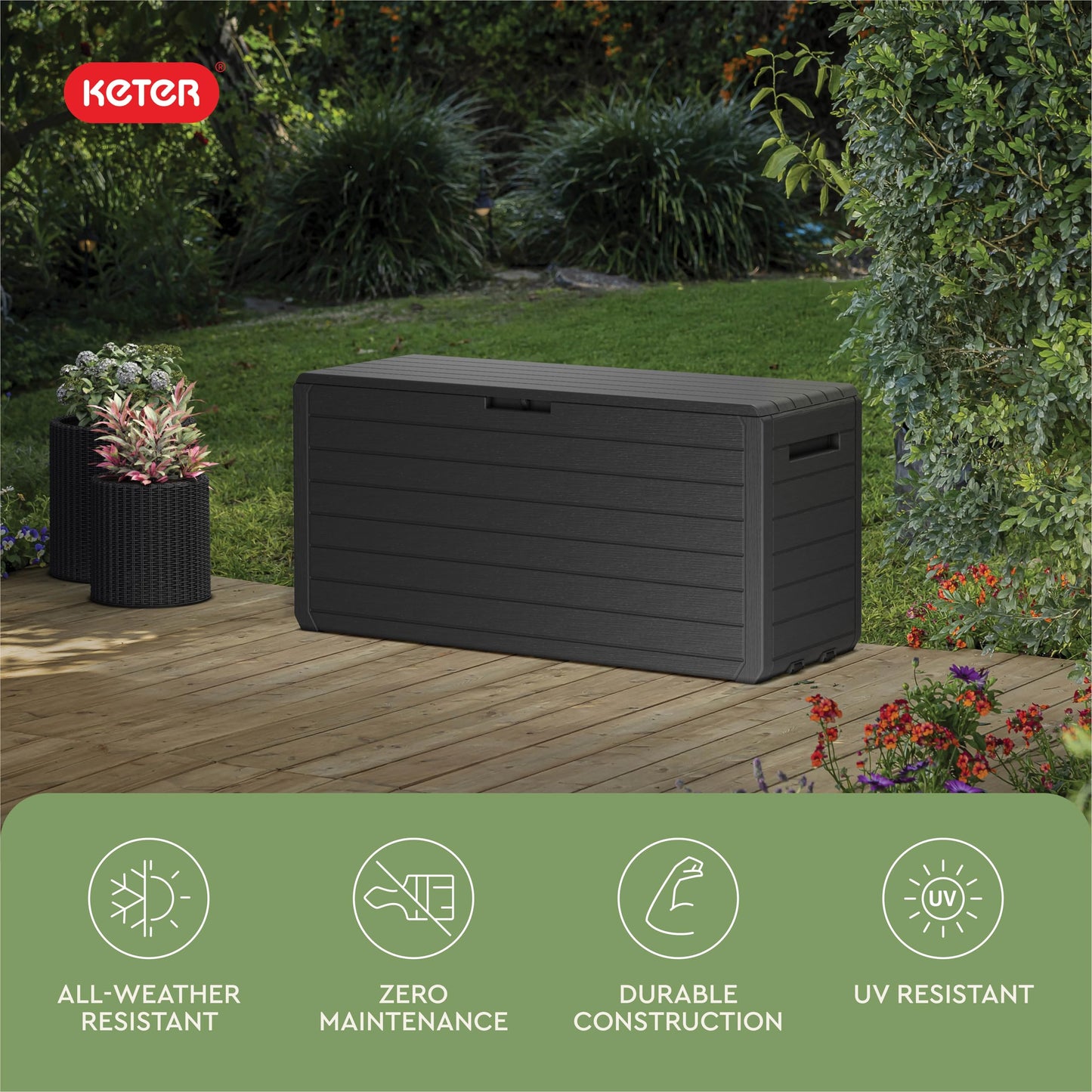 Keter Atlas 70 Gallon Deck Box – Weather‑Resistant Outdoor Storage Chest for Patio, Yard & Pool, Durable Resin Construction, Lockable Lid, Easy‑Open Design