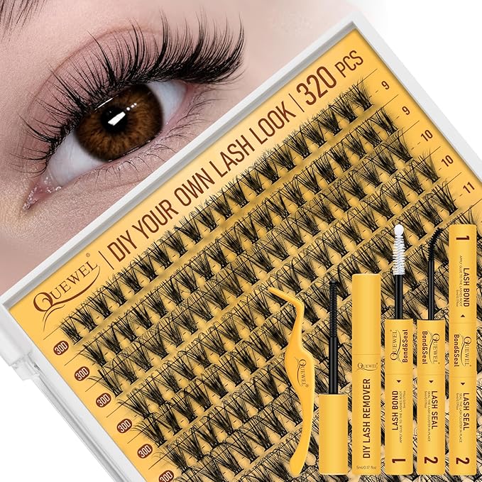 QUEWEL Lash Clusters Kit, 320 Pcs 30D Lash Cluster Eyelash Extensions 9-16mm Lash Clusters Wispy Kit with Eyelash Clusters Bond and Seal Glue Remover Tweezers (30D Kit)