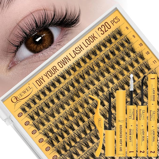 QUEWEL Lash Clusters Kit, 320 Pcs 30D Lash Cluster Eyelash Extensions 9-16mm Lash Clusters Wispy Kit with Eyelash Clusters Bond and Seal Glue Remover Tweezers (30D Kit)