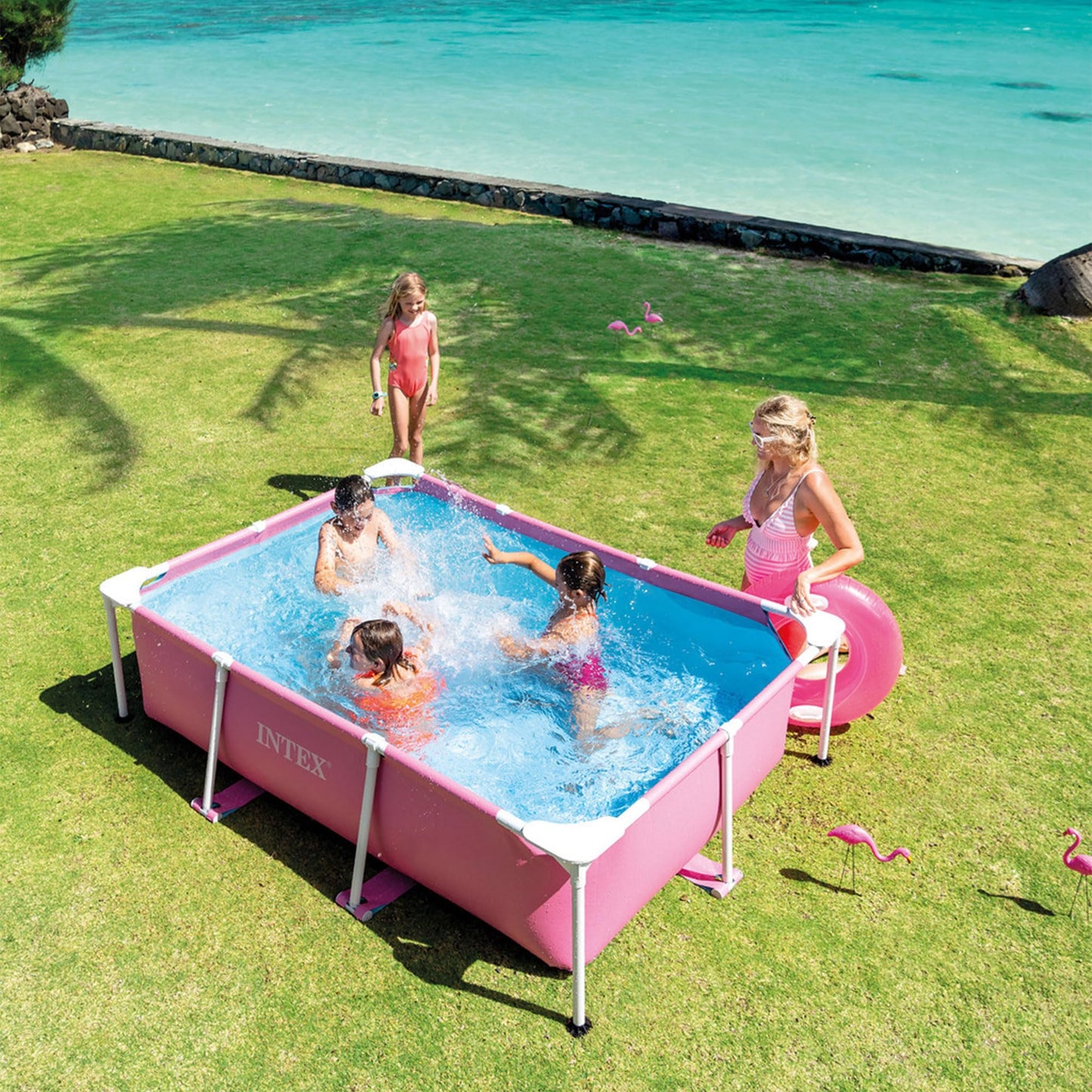INTEX Metal Frame 7 ft x 5 ft x 23.5 in Above Ground Pool Set, Rectangular Swimming Pool with Steel Frame
