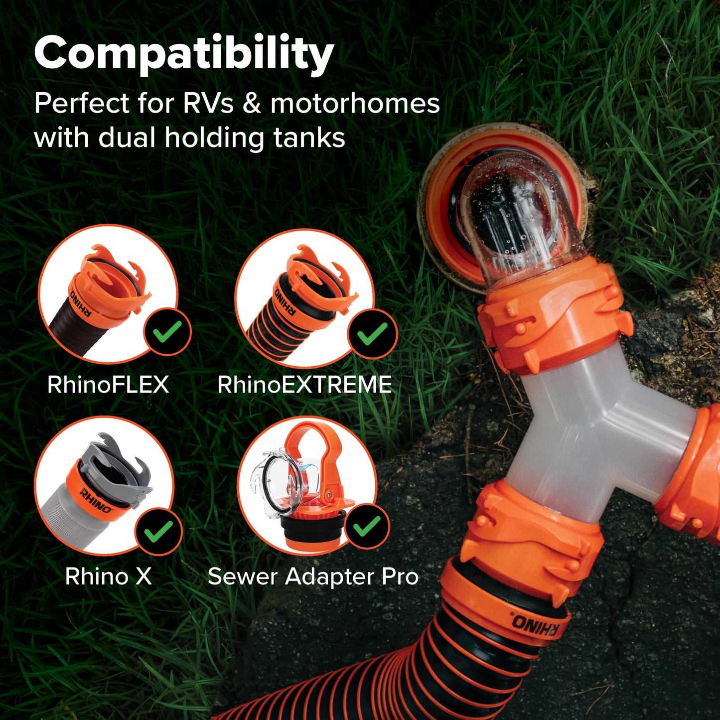 Camco RhinoFLEX Camper/RV Wye Sewer Hose Fitting | Features 360-Degree Swivel Ends & Built-In Gaskets for Odor Tight Connection | Allows for 2 Sewer Hoses to Connect to the Same Dump Station (39812),