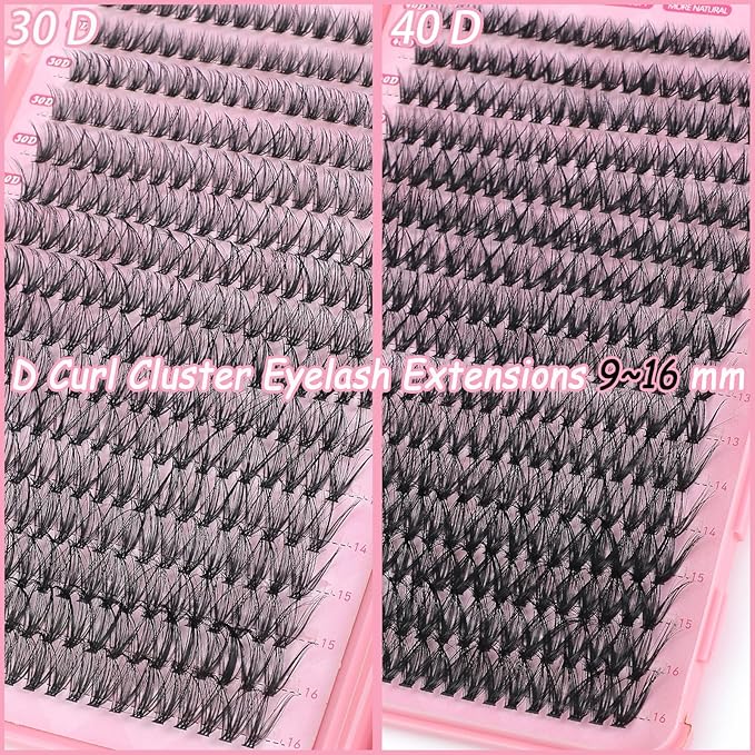 Lash Clusters Kit, 640 Pcs Eyelashes Cluster Extensions Kit 9-16mm Flufffy Individual Lashes 30D-60D D Curl False Eyelashes with Thin Band Match Tools for DIY (30D+40D Kit 9-16mm)