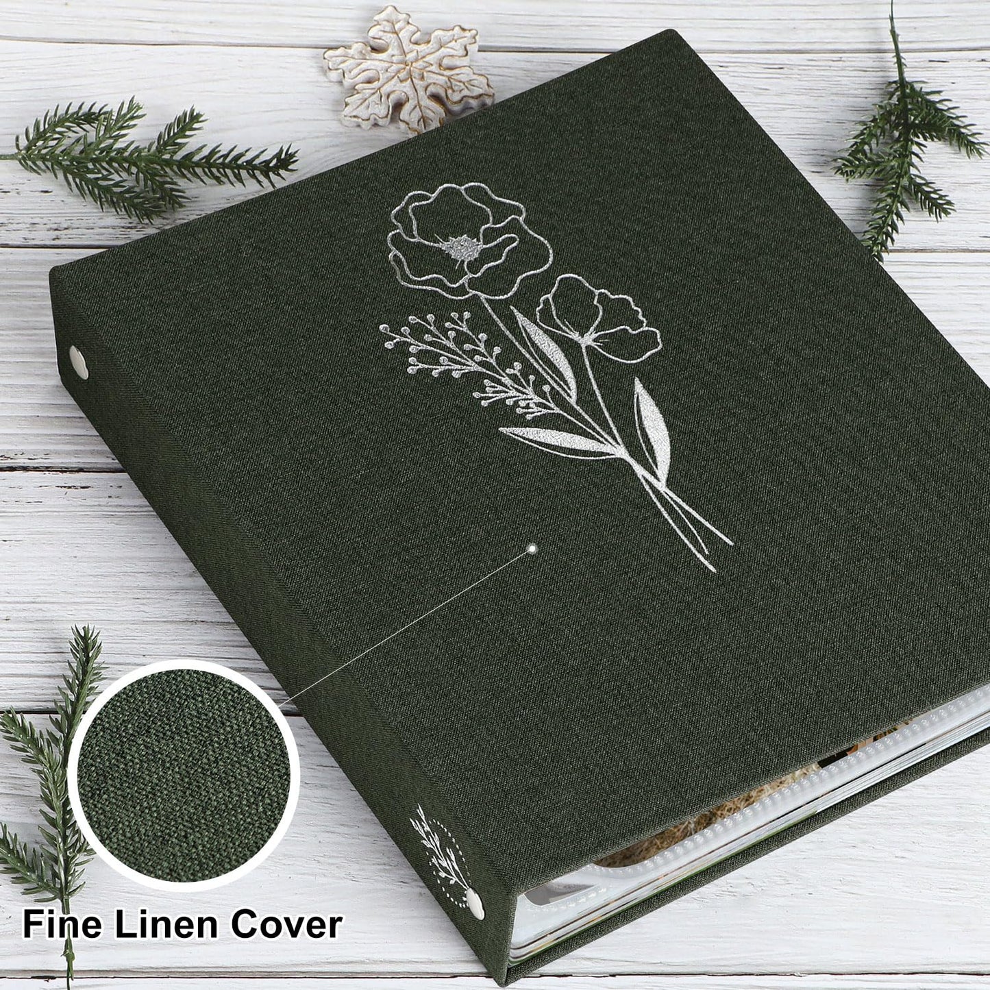 Lanpn 8.5x11 inch Scrapbook Photo Album, Linen Cover Archival Acid Free Top Load 3 Ring Binder Folder Photo Book 8.5 x 11 with 30 Plastic Sleeves 60 Pages (Green)